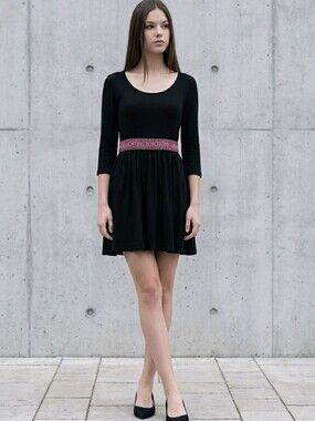 Basil Lola black rayon tunic with embroidery waistband Sz S Gently loved